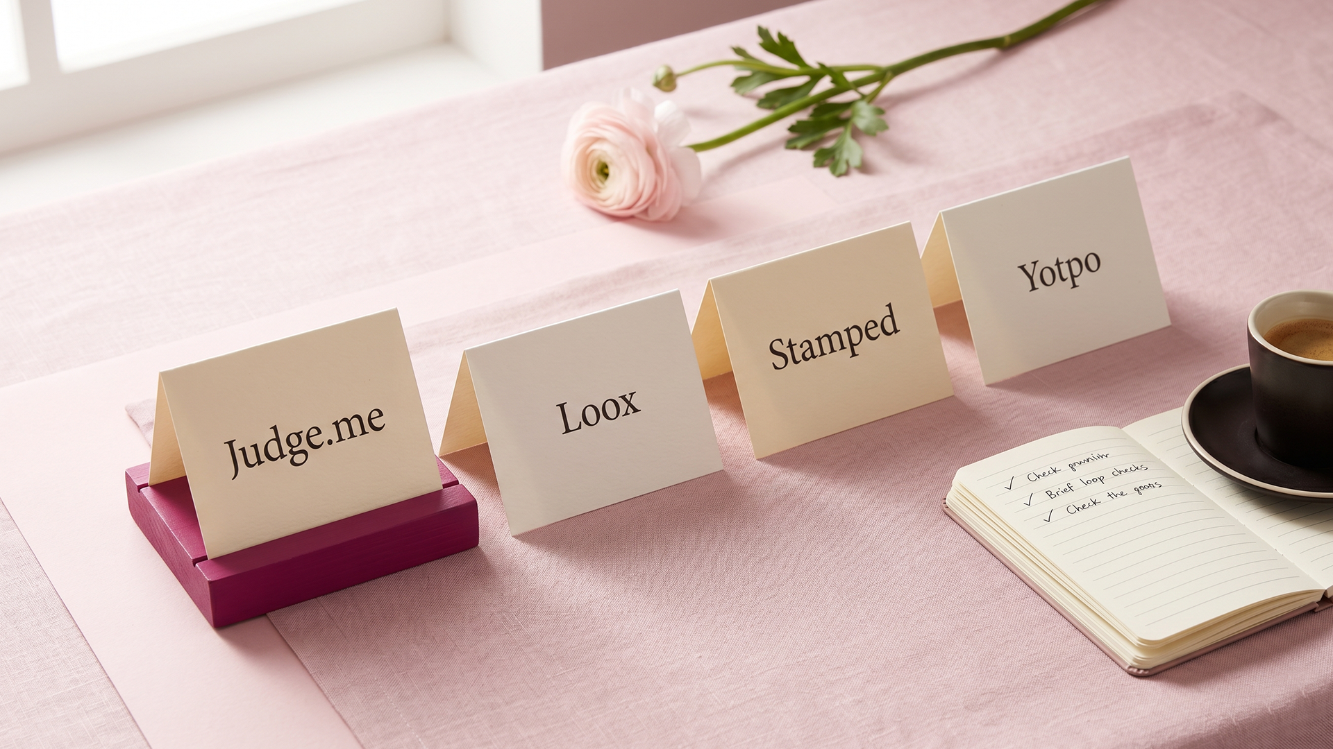 Comparison of Shopify review apps Judge.me, Loox, Stamped, and Yotpo on a desk