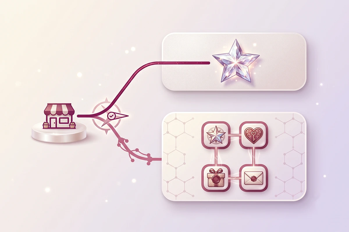 Two paths from one storefront showing a simple reviews setup and a multi-module platform