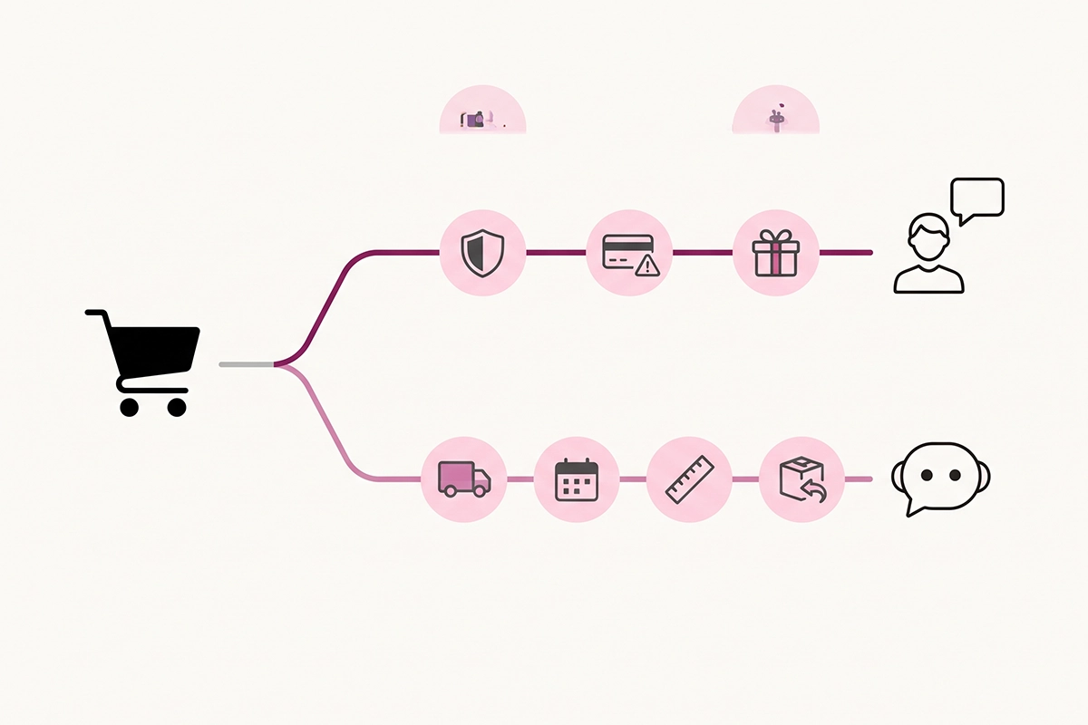 Diagram of one abandoned cart path splitting toward a human reply and a chatbot reply