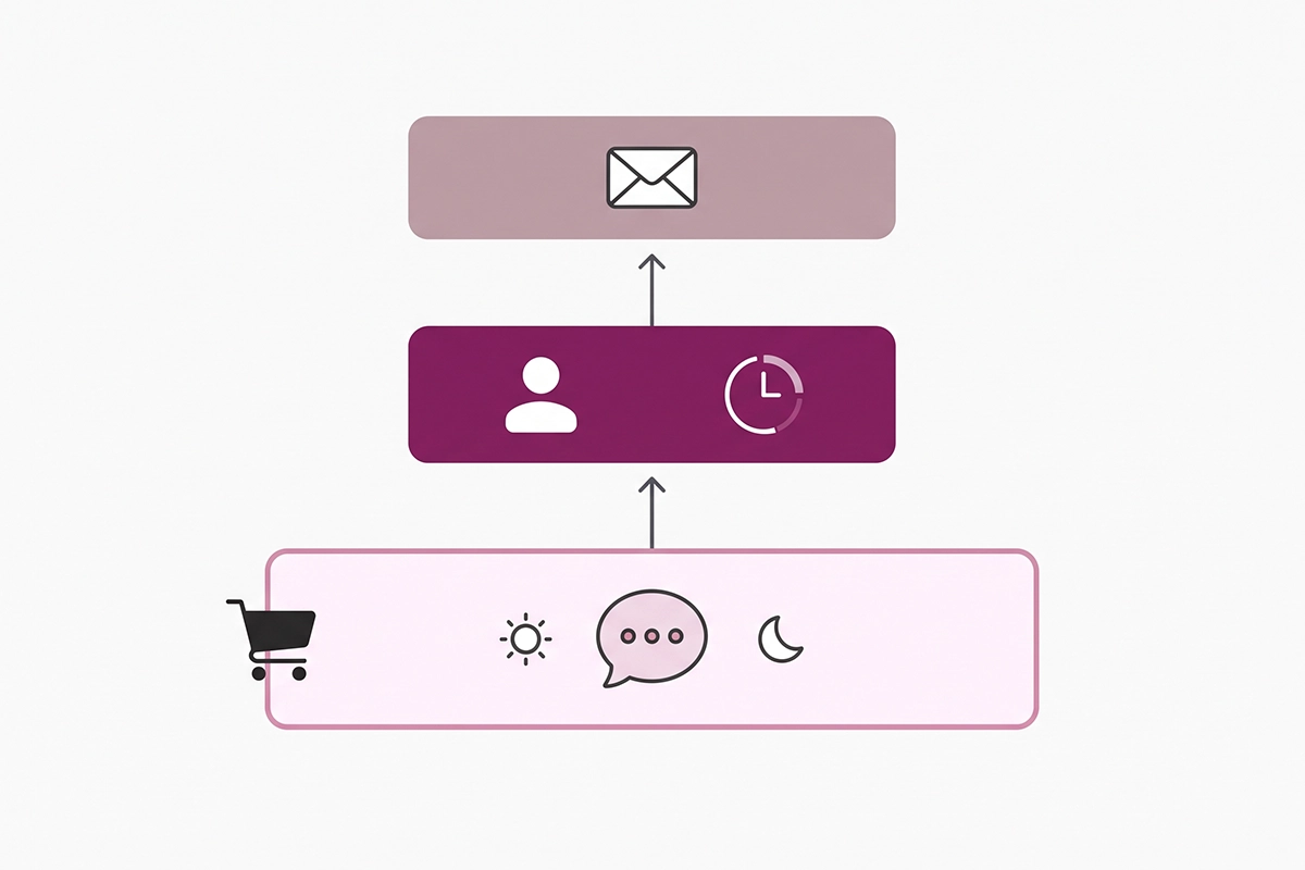 Layered diagram of a hybrid setup: chatbot first, human handoff, then a cart recovery email