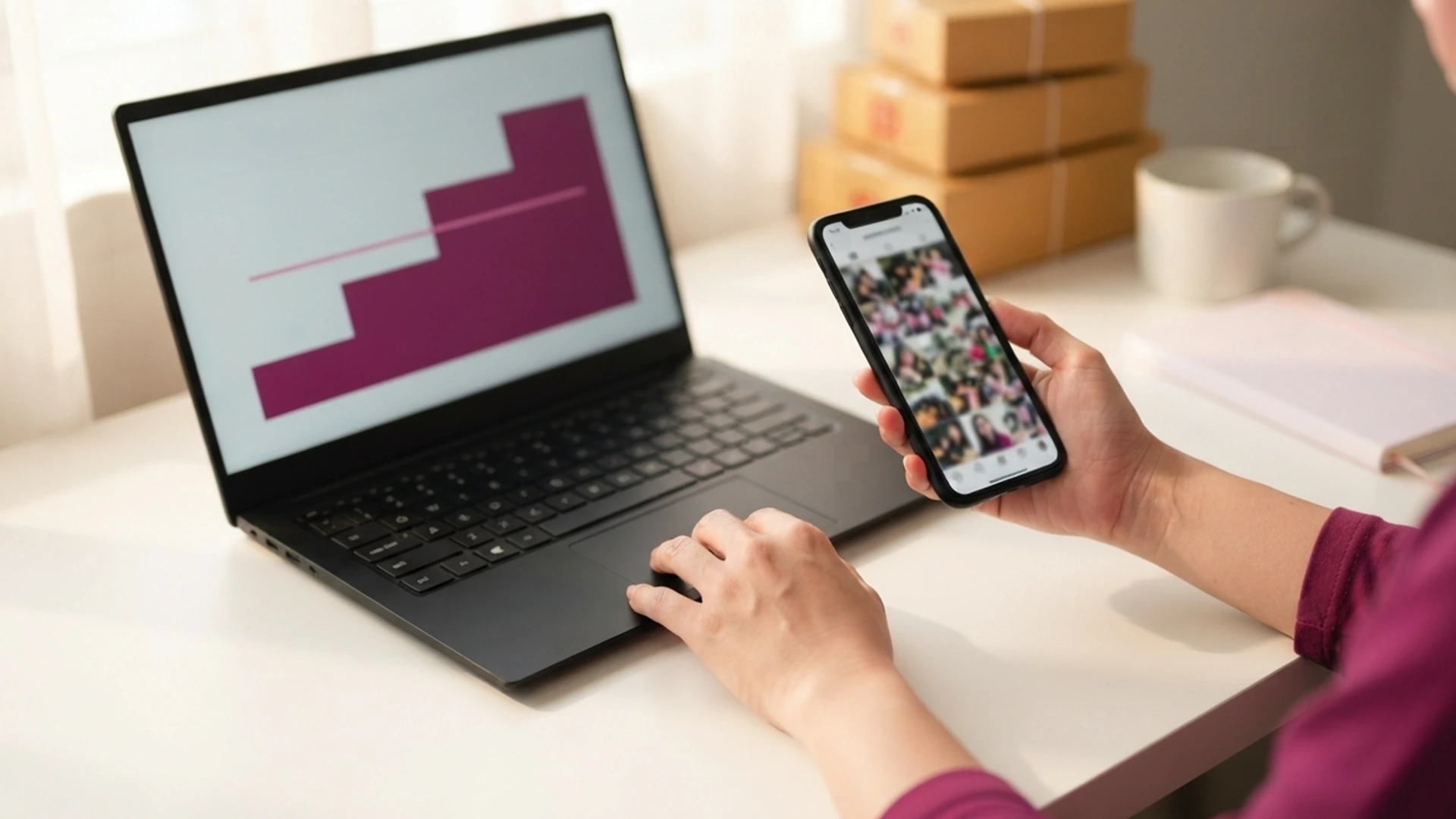 Hands holding a phone with a photo review grid beside a laptop charting Loox pricing by order count