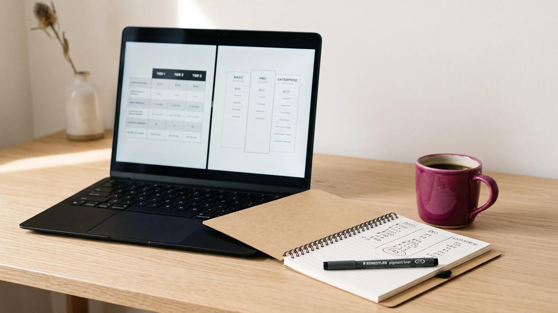 Laptop showing two Shopify review app pricing pages beside a notebook of order volume math