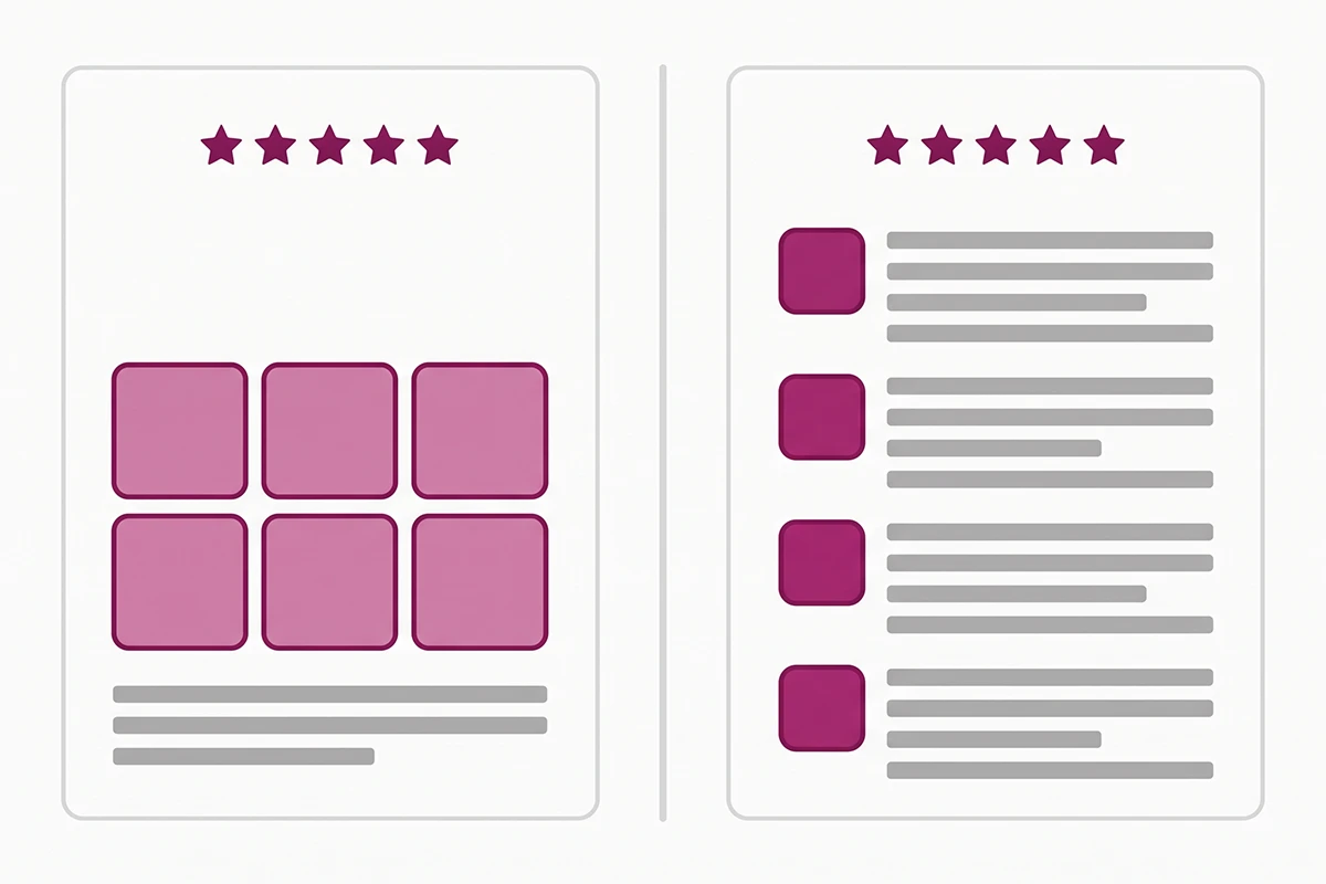 Diagram comparing a photo-grid review widget layout with a text-led review widget layout
