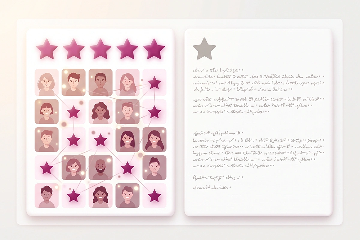 A product page photo review gallery beside a plain text-only review for comparison