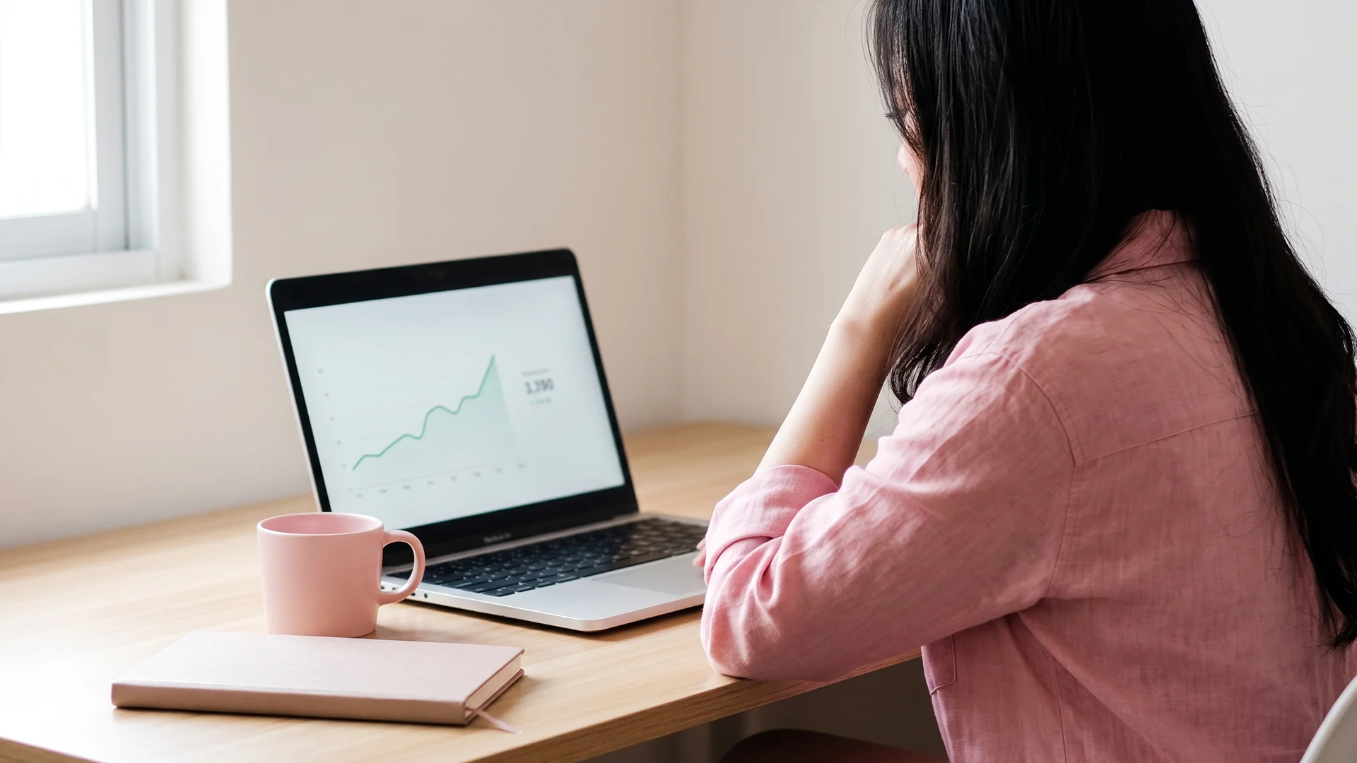 Shopify owner at a laptop reviewing a rising blog impressions trend in Search Console