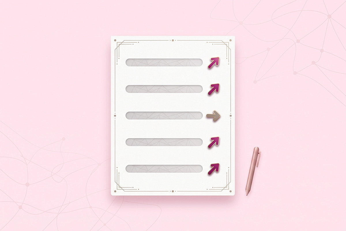 One-page monthly Shopify blog review sheet with five metrics and trend arrows