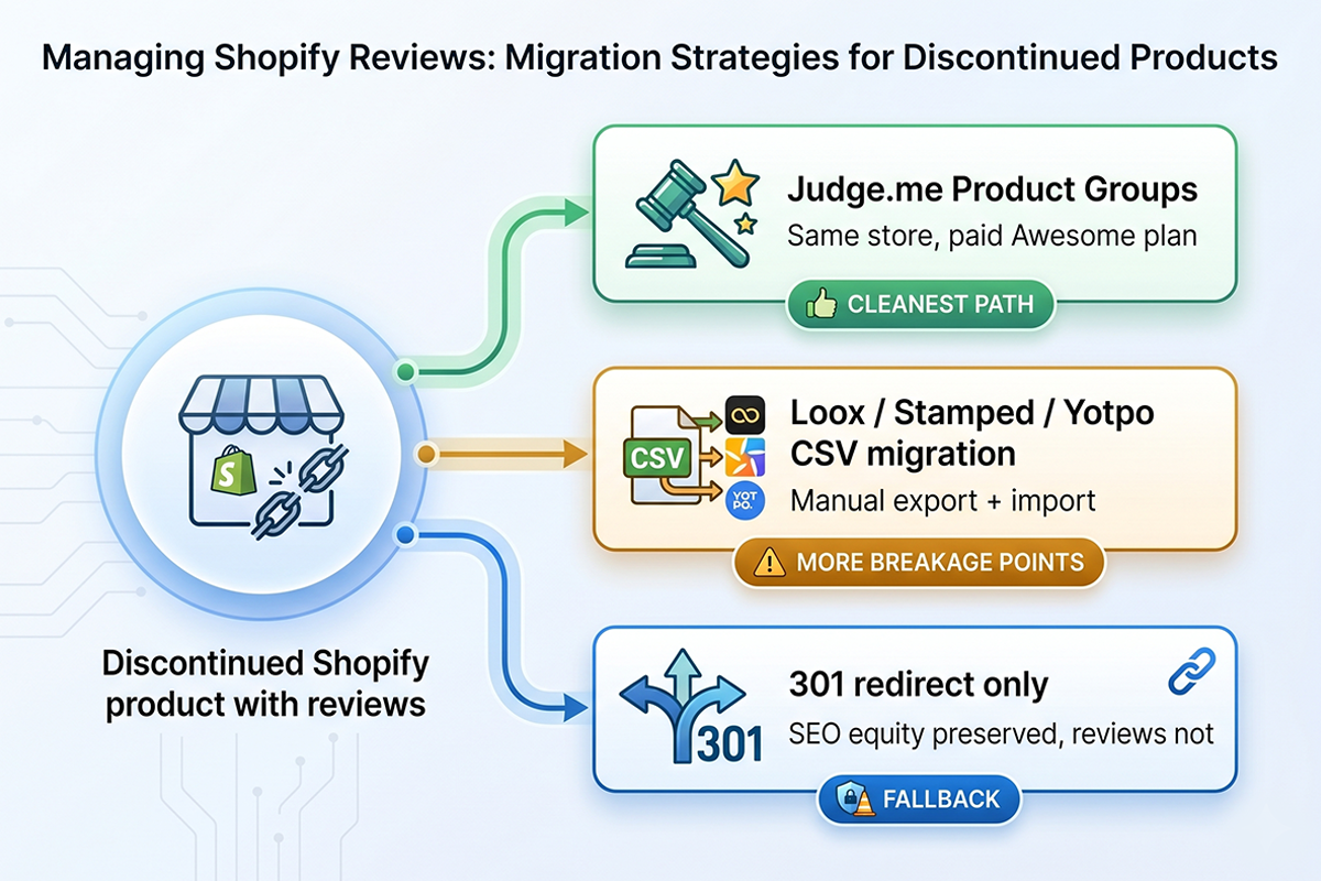 Diagram of the three migration paths for discontinued Shopify product reviews