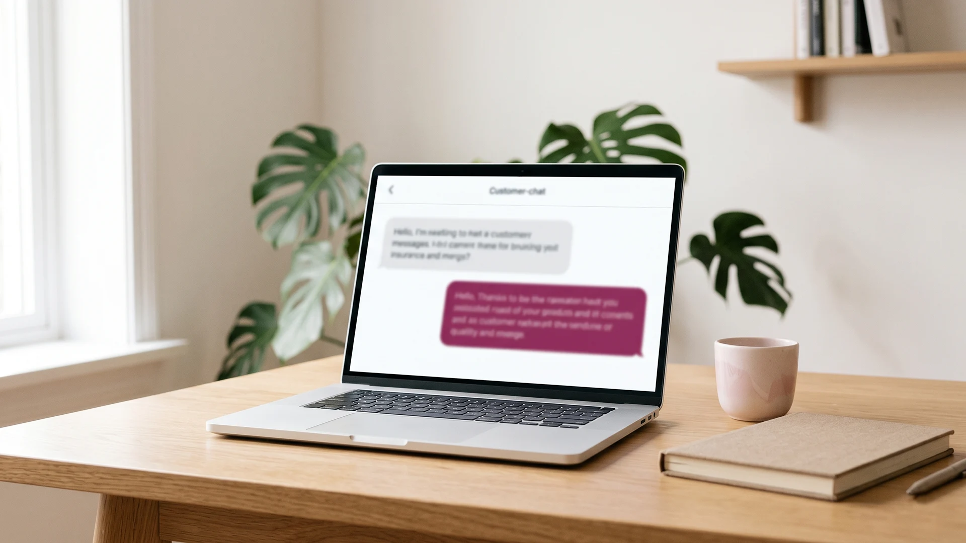 Laptop showing a multilingual Shopify chatbot replying to a message in another language