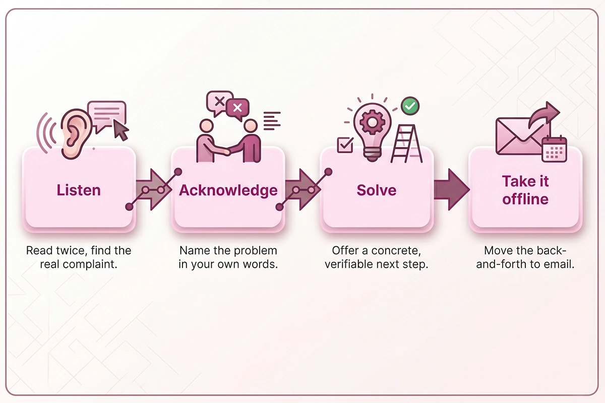 Four-step framework for responding to negative reviews on Shopify: Listen, Acknowledge, Solve, Take it offline