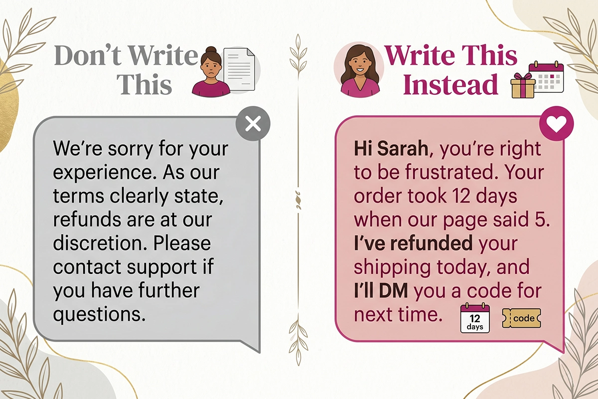 Side-by-side example of a defensive reply versus a calm Shopify negative review response