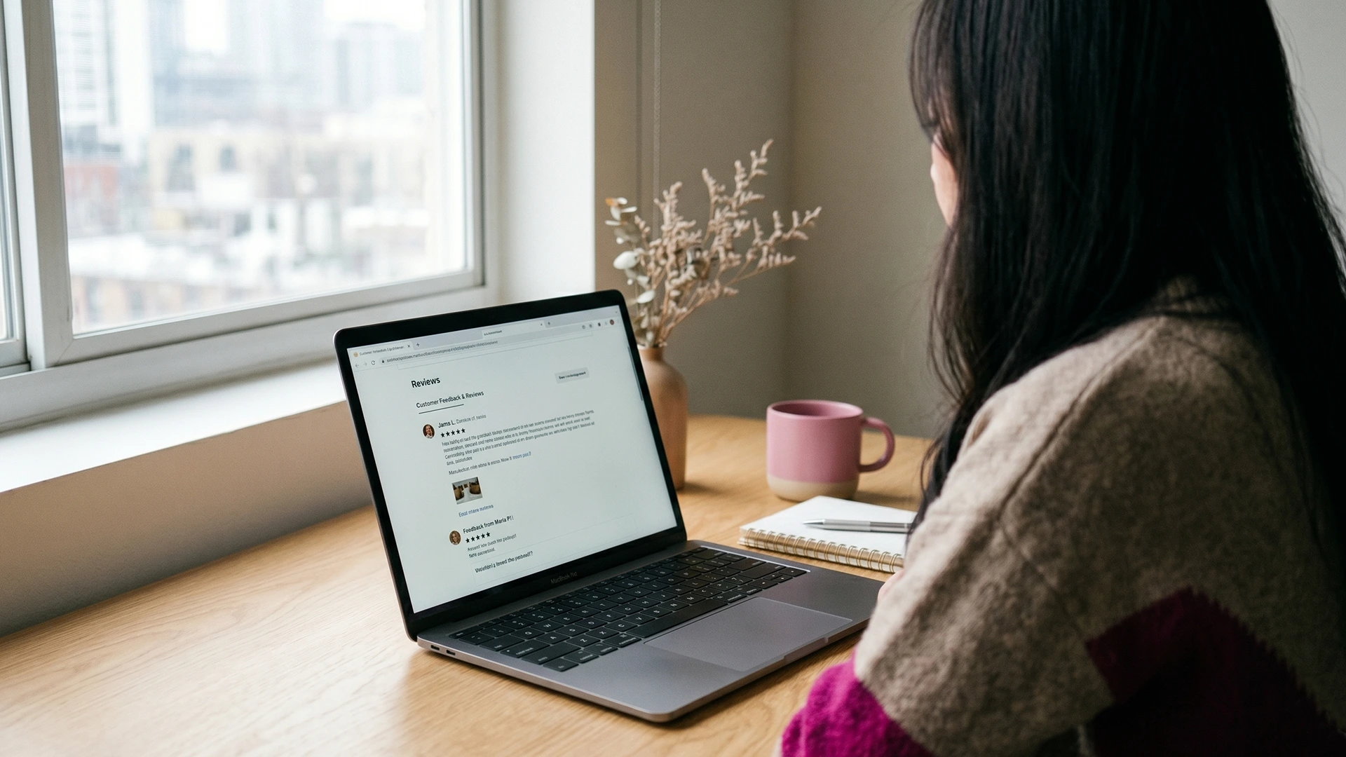 Shopify owner reviewing a negative customer review on a laptop at a clean desk
