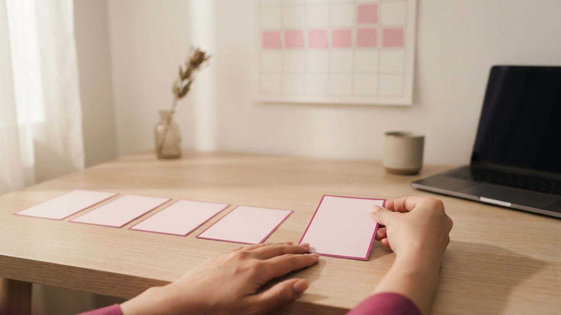 Hands arranging six cards beside an October calendar for a BFCM content sprint