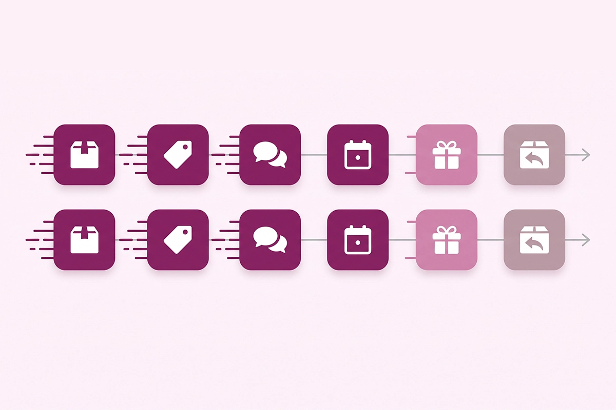 Wordless diagram of six content cards ordered from fastest to slowest to rank before BFCM