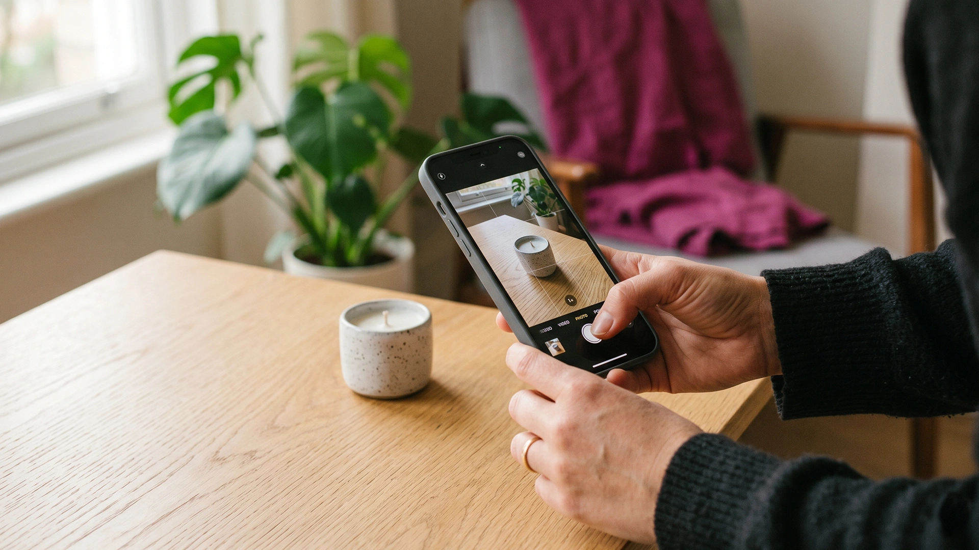 Customer taking a photo review of a Shopify product on a clean table in natural light