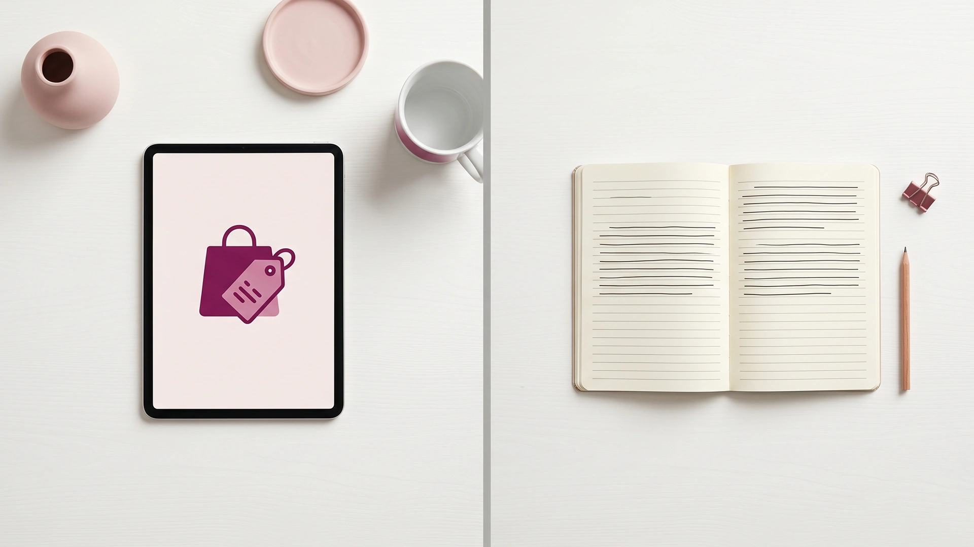 A calm desk split between a product page and a blog post, illustrating product page vs blog SEO