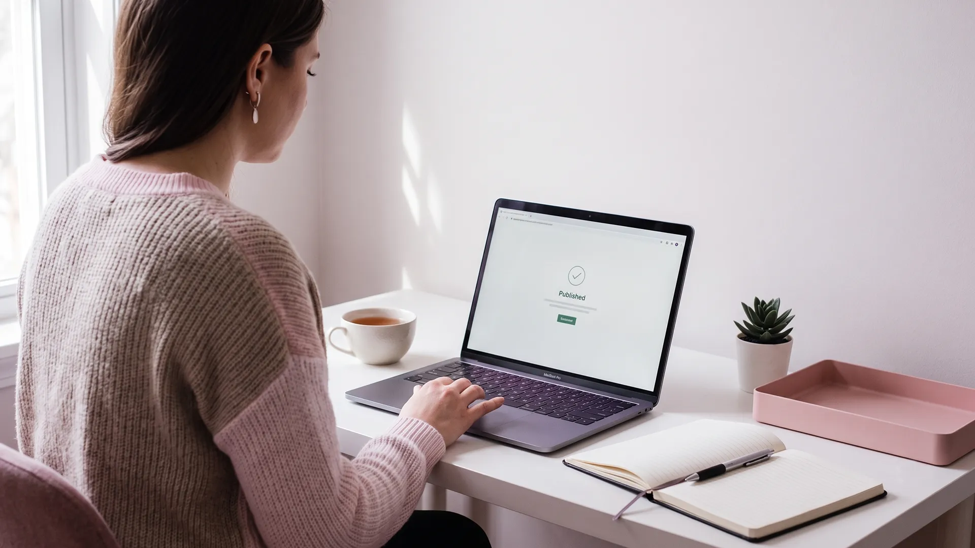 Shopify owner promoting a blog post from a laptop right after hitting publish