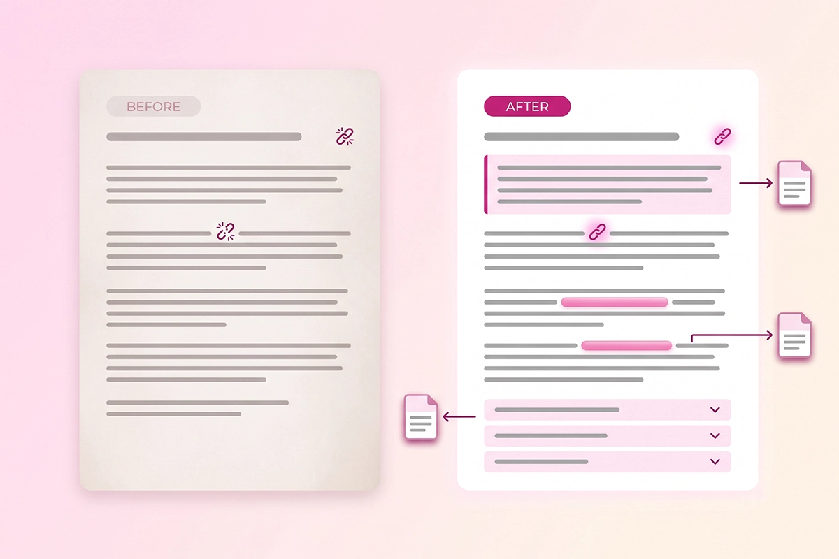 Before and after of a Shopify blog post refresh, stale post on the left and refreshed on the right