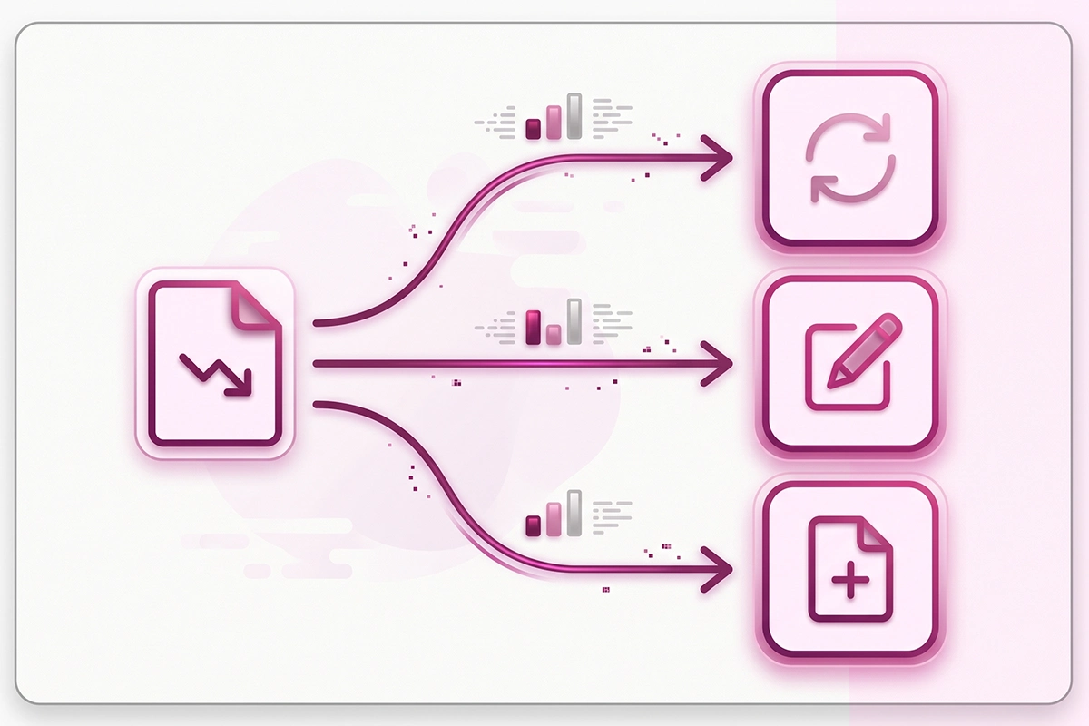 Decision diagram routing an old post to refresh, rewrite, or write new based on its Search Console signal