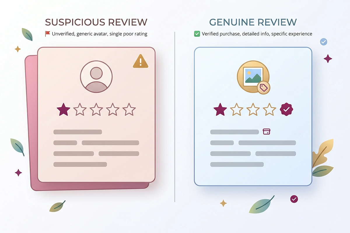 Two review cards side by side showing a fake competitor review next to a genuine negative customer review