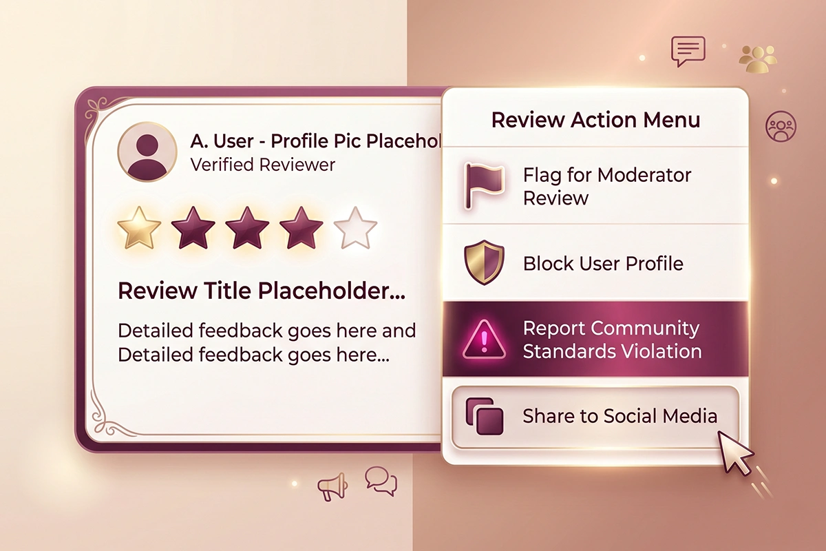 A review report menu with violation reasons like spam and conflict of interest, one option selected