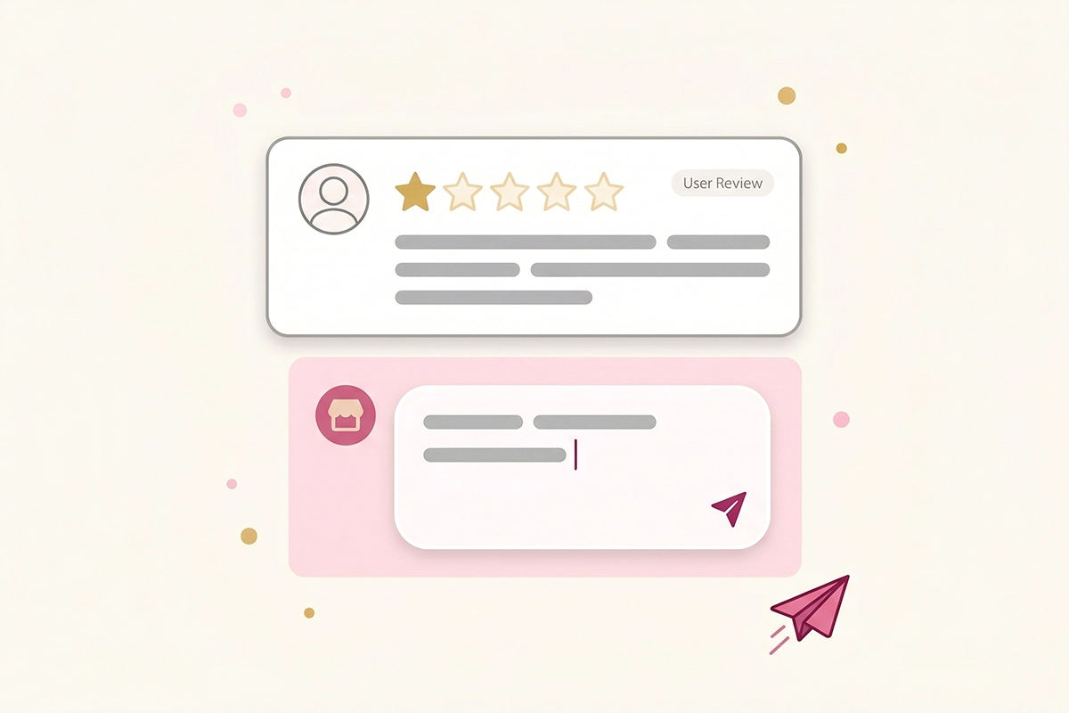 A calm, short public reply being typed underneath a one-star review on a reviews dashboard