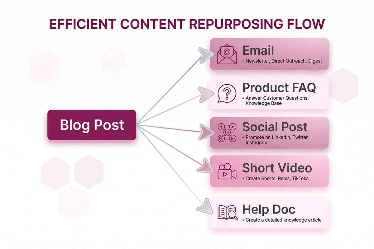 Diagram showing one Shopify blog post turning into five content pieces: email, product FAQ, social post, short how-to, and help doc