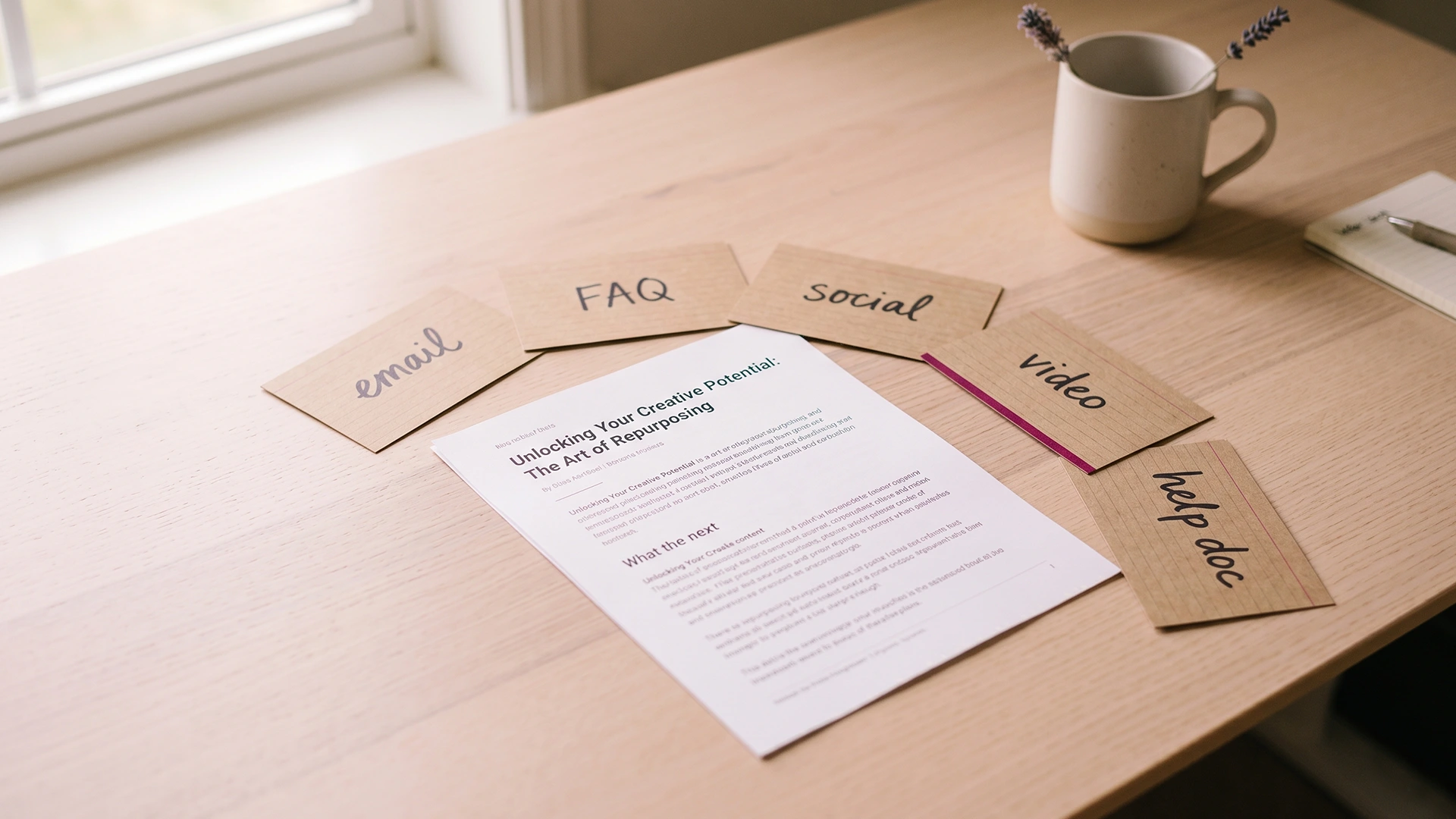 One printed Shopify blog post on a desk with five small labeled cards fanning out from it