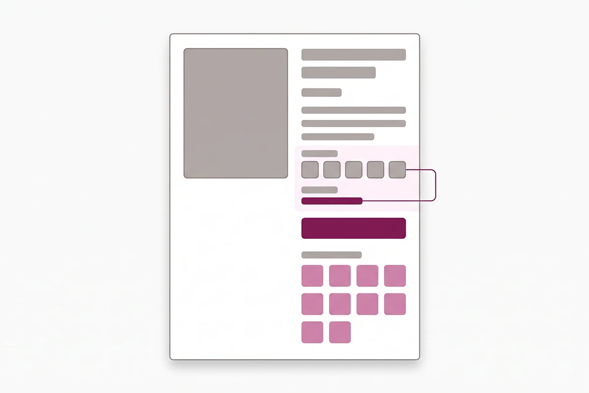 Where fit and shade summary blocks sit on a Shopify product page layout