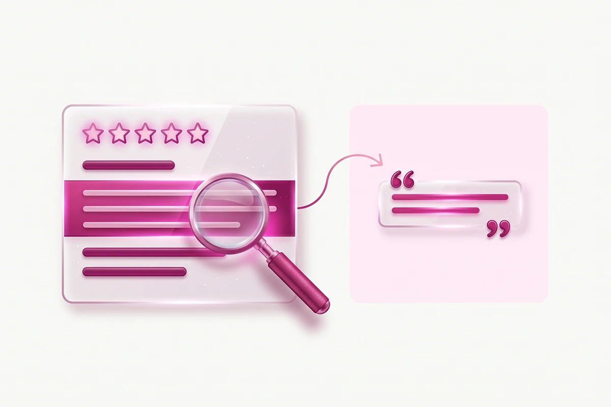 Diagram: scanning a review to find the exact lines that sell, then pulling one into a quote
