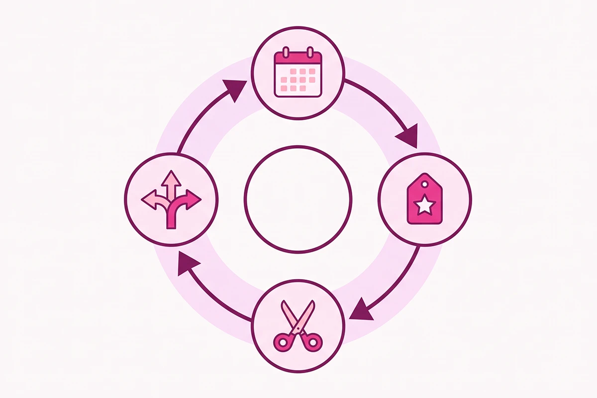 Diagram: monthly review harvest loop, collect, tag, clip, then route reviews to each channel