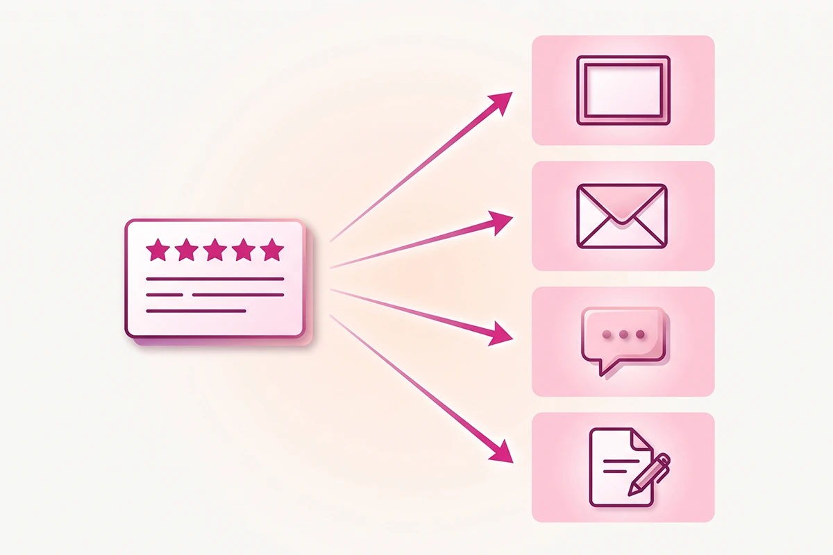 Diagram: one Shopify review fanning out into an ad, an email, a chatbot, and a blog post