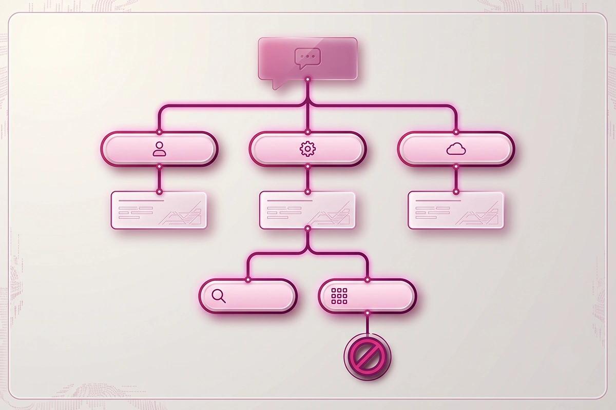 Diagram of a rule-based chatbot decision tree with buttons branching to scripted replies and one dead-end path