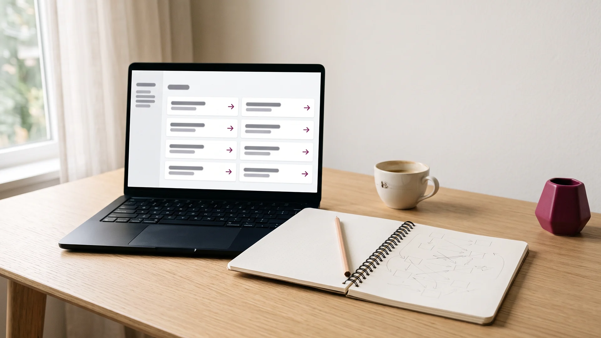 Desk with a laptop showing a Shopify 301 redirects table and a notebook of URL mappings