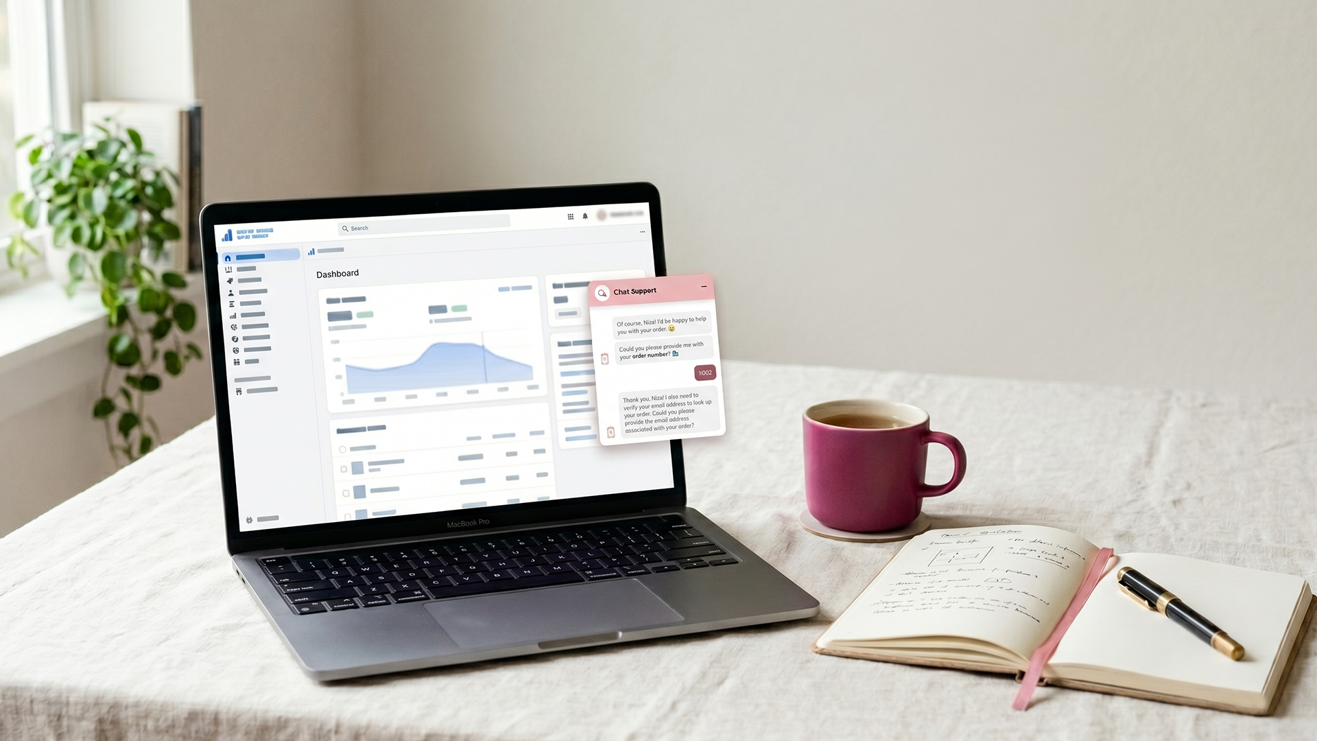 Editorial desk scene with a laptop showing a Shopify store admin and a clean chat widget mockup