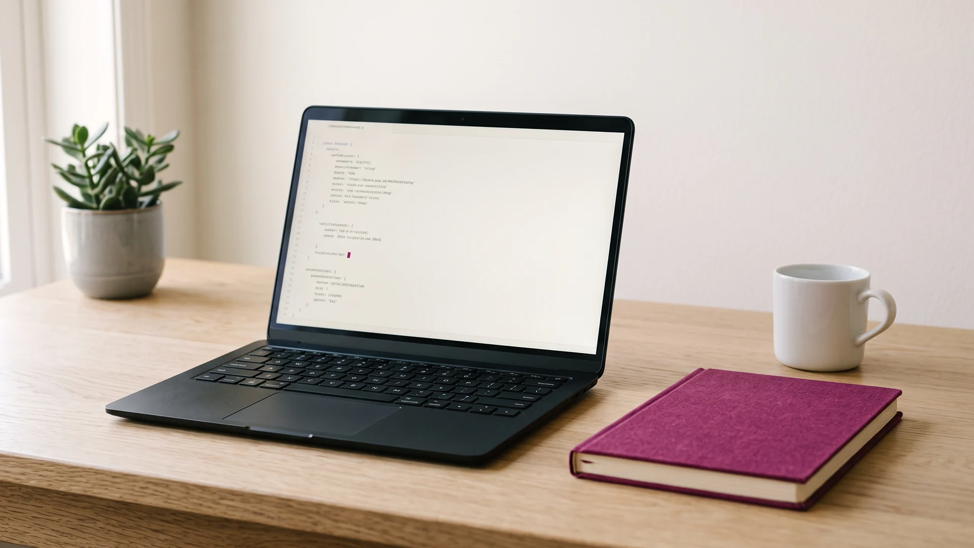 Laptop on a calm desk showing a plain robots.txt file open in a code editor