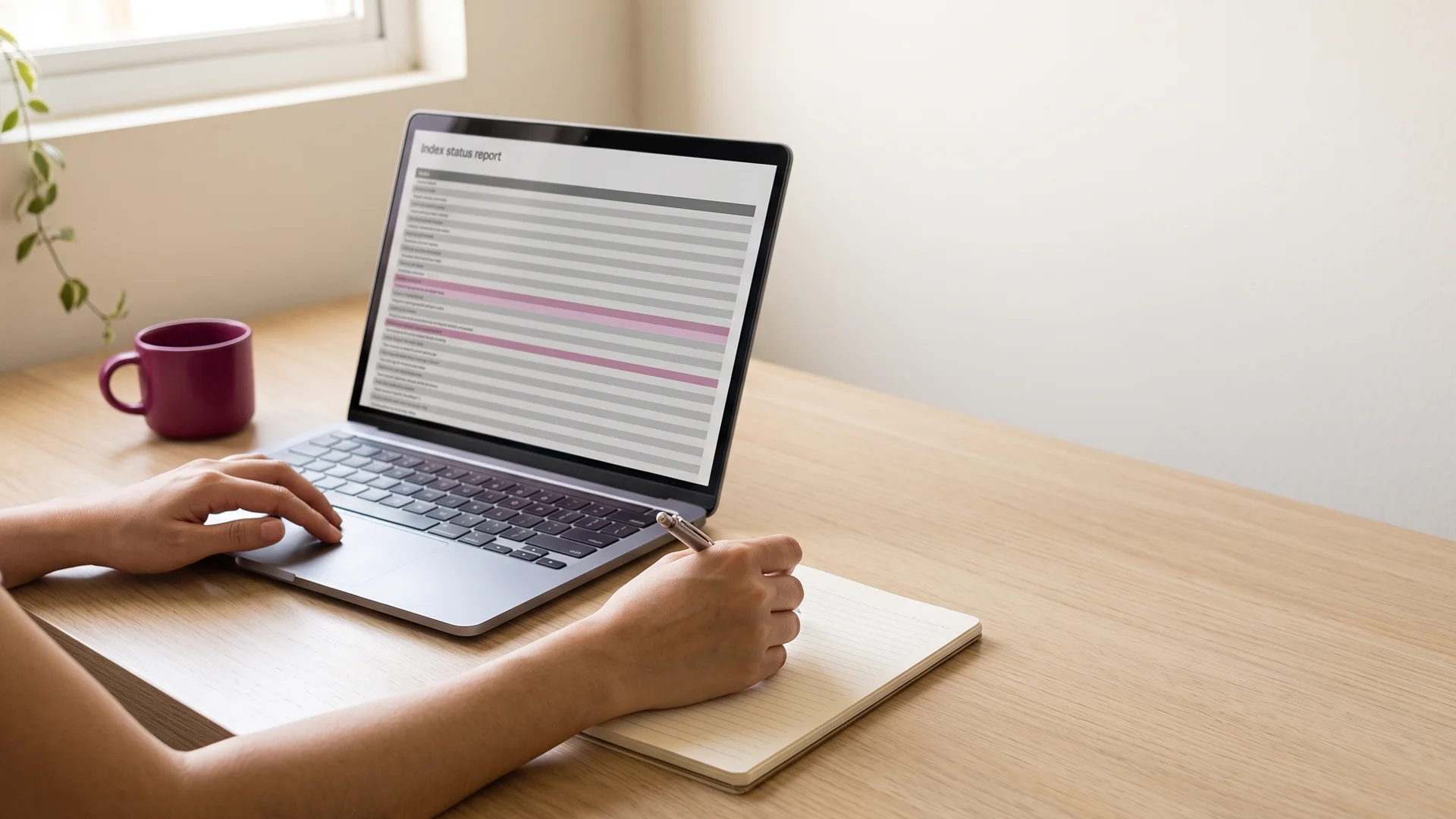 Hands at a laptop reviewing a Shopify canonical tag and index status report in Search Console