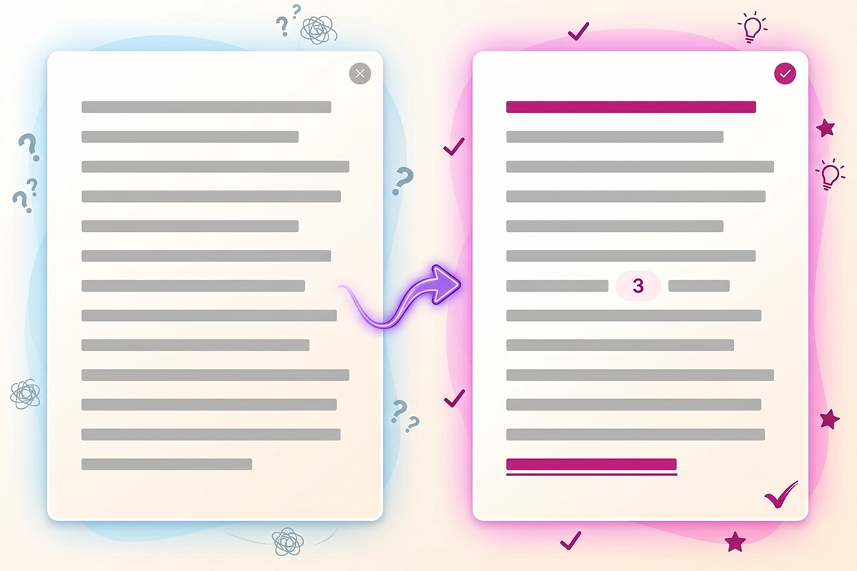 Before and after of a cast iron blog paragraph rewritten as content for AI Overviews
