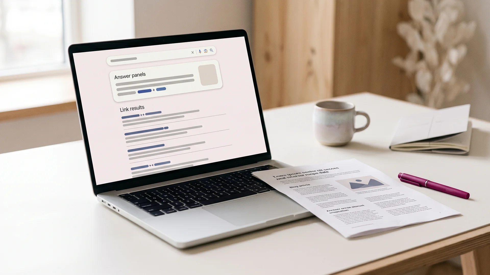 Laptop showing a Google AI Overview above the blue links, beside a printed Shopify blog post