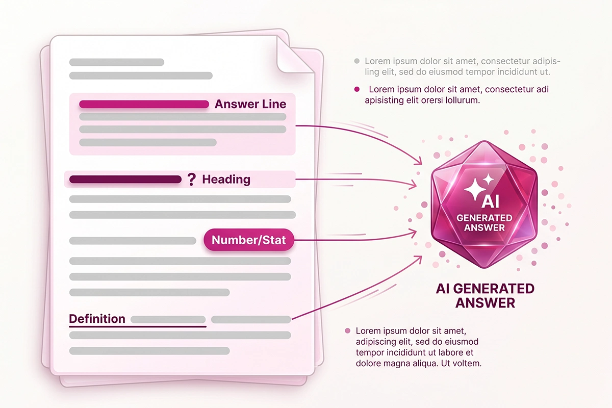 Diagram of four things AI Overviews pull from a blog post: answer line, question heading, fact, definition