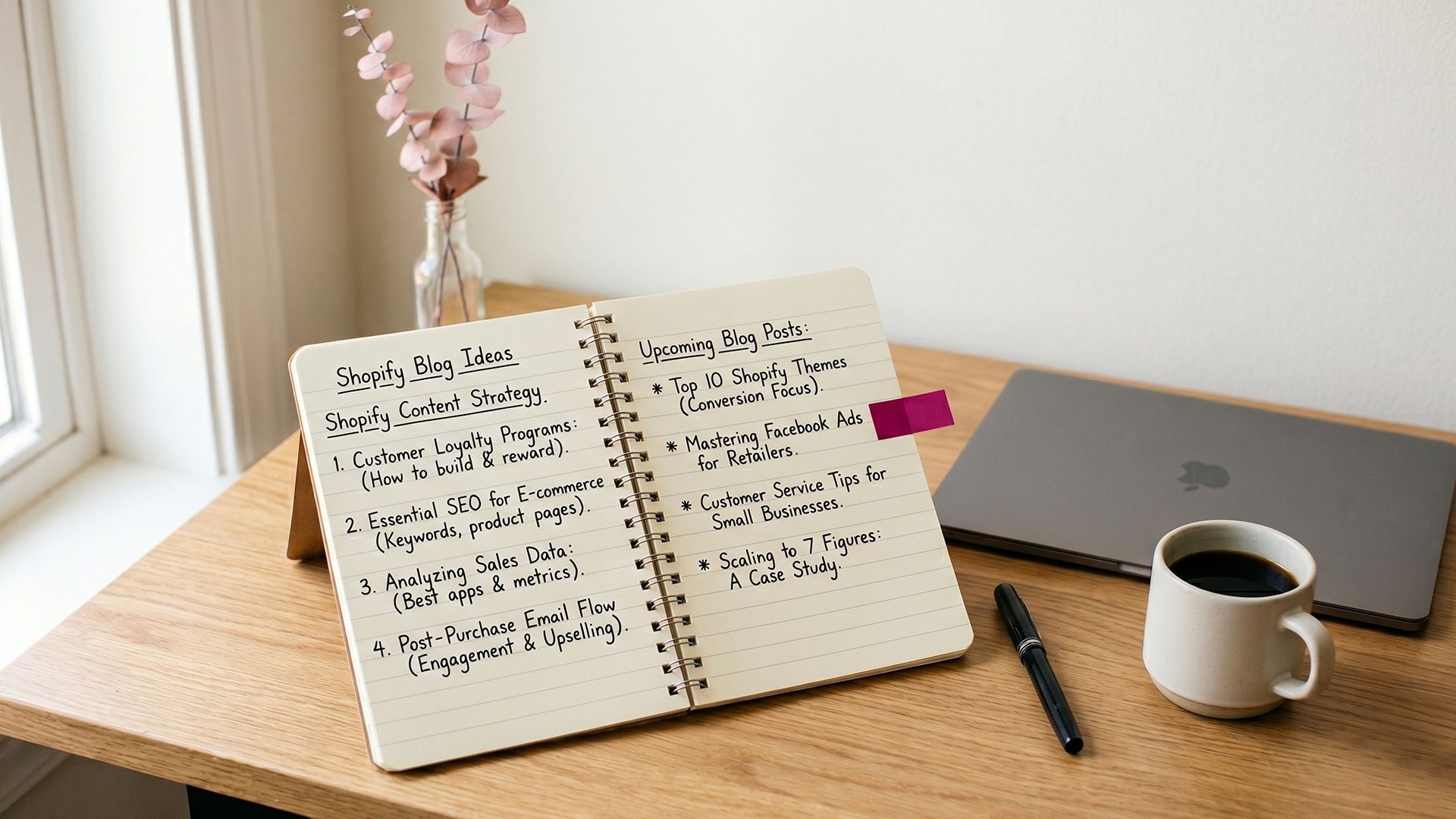 Open notebook on a desk with handwritten Shopify blog content ideas, laptop and coffee nearby