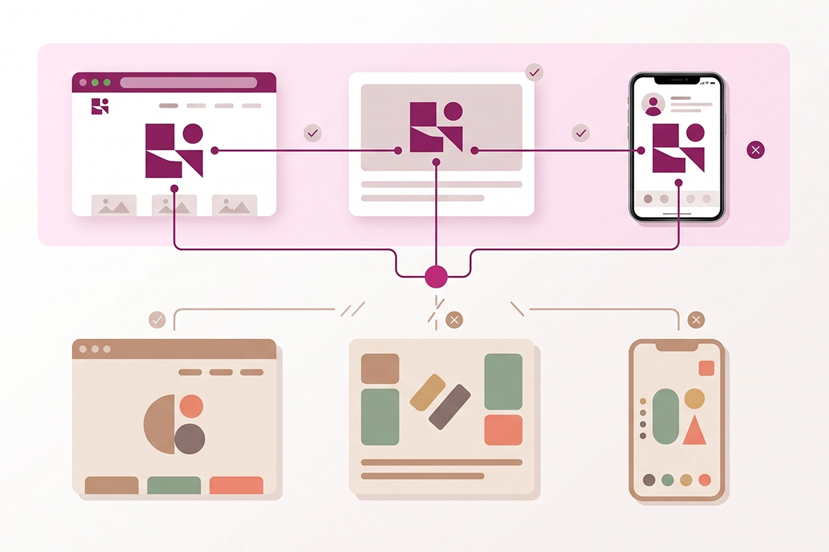 One brand mark repeated consistently across a website, blog, and social profiles versus mismatched marks
