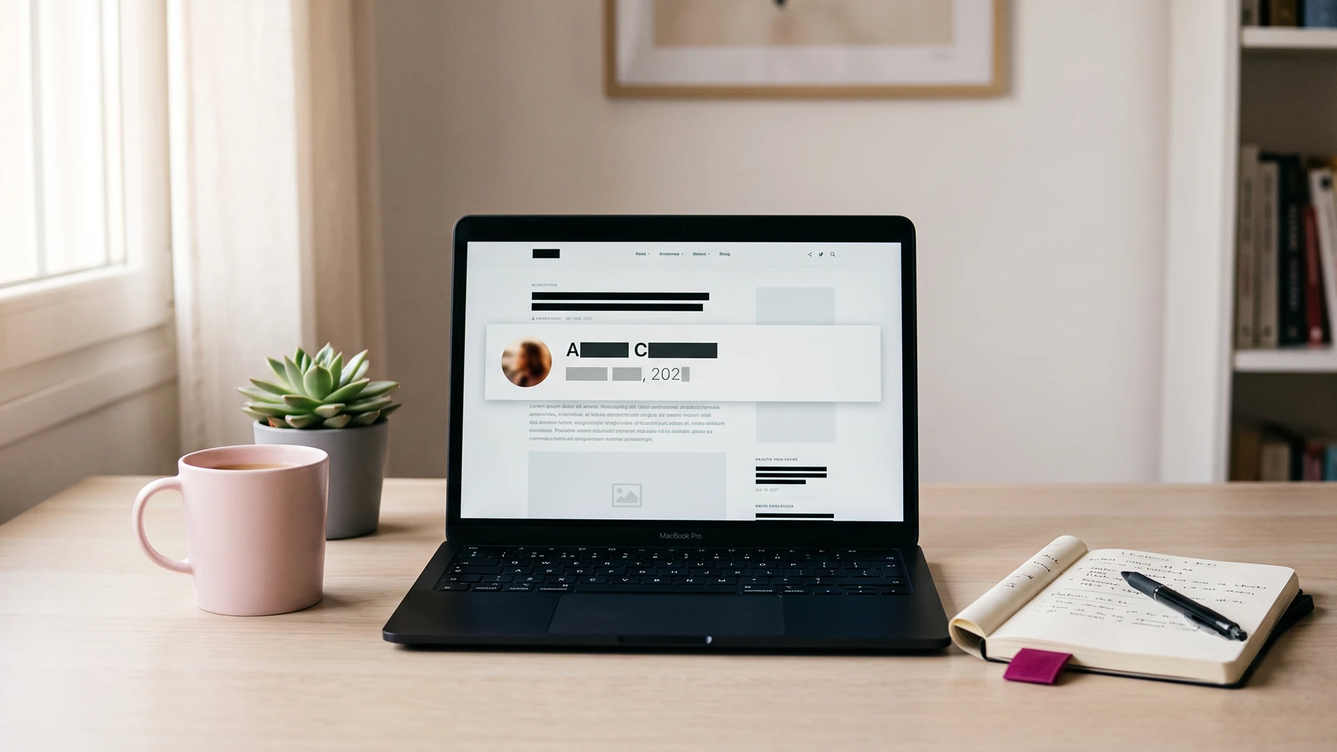 Shopify blog post open on a laptop showing a named author byline, author photo, and publish date