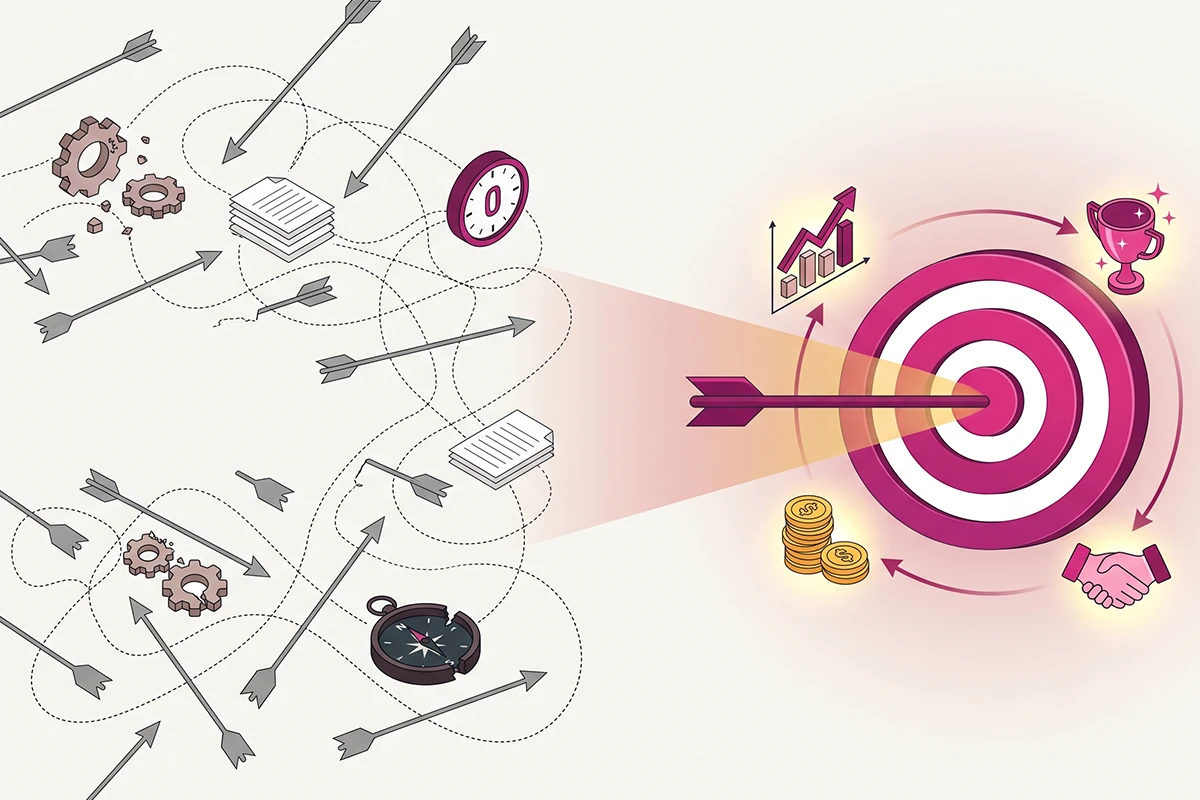 One focused arrow hitting a target beside many scattered arrows missing it