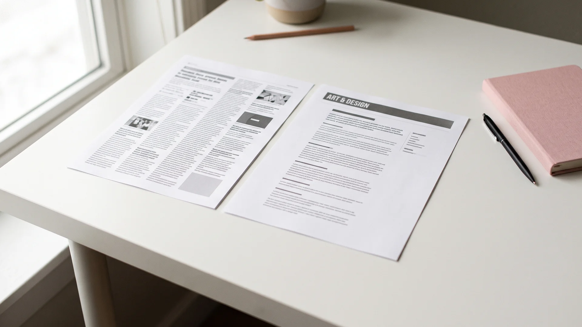 Two printed Shopify blog examples side by side on a desk, one cluttered and one clean