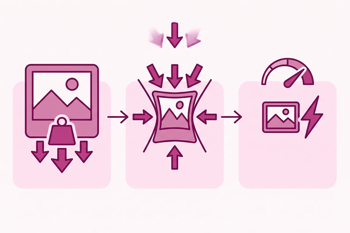 Flow diagram: large source image compressed and converted to WebP for a faster loading Shopify blog post