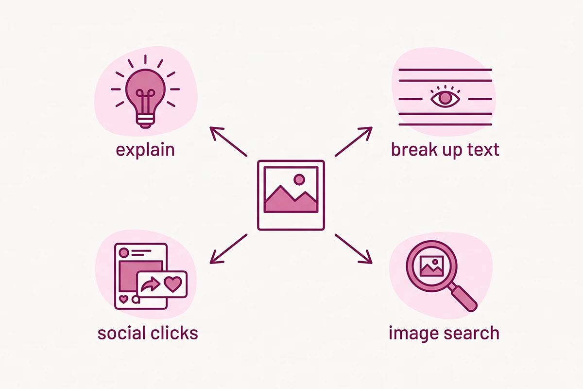Diagram of the four jobs a Shopify blog image does: explain, break up text, image search, social clicks