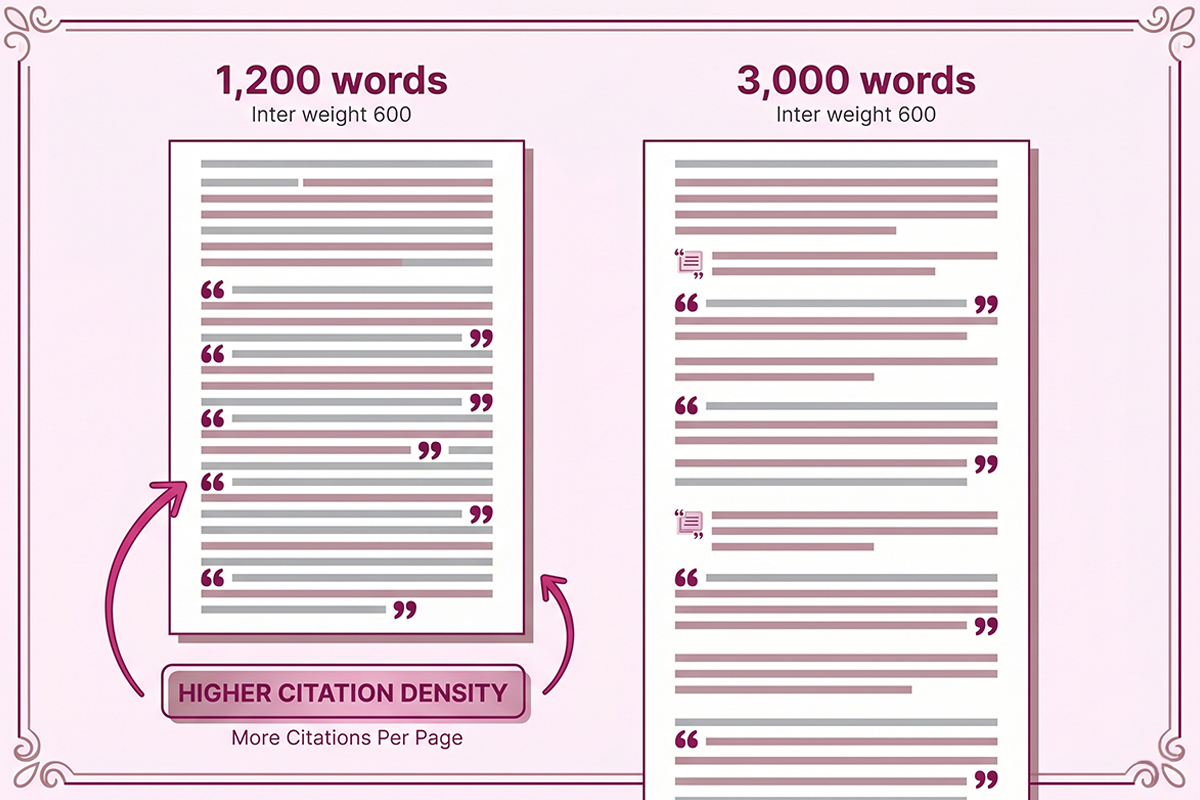 Illustration comparing a dense short blog post and a padded long blog post for AI search citations