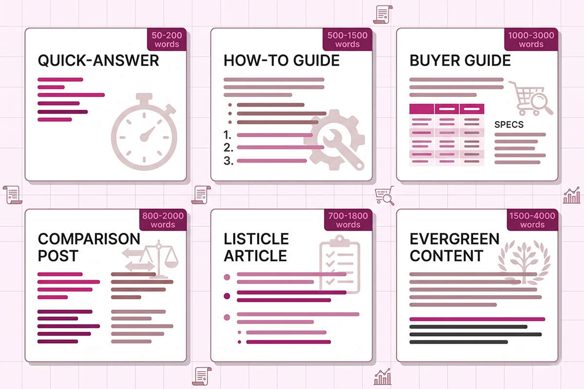 Diagram showing Shopify blog post length ranges by post type with magenta accents