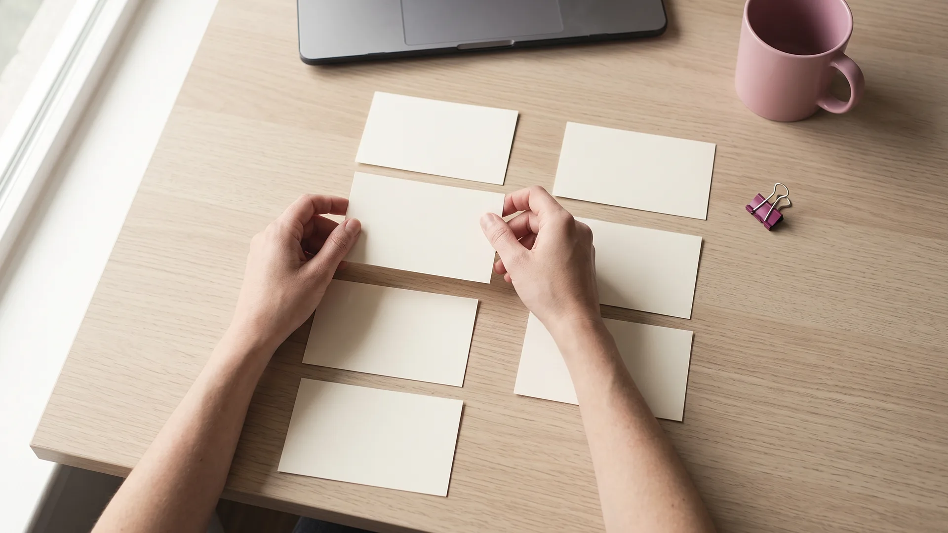 Hands sorting eight blank index cards into two columns on a pale desk
