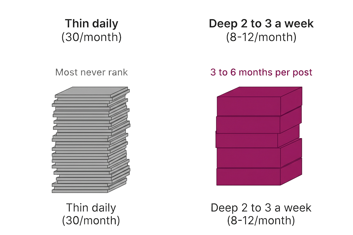 Comparison chart of daily Shopify blog posting versus a 2 to 3 posts per week cadence